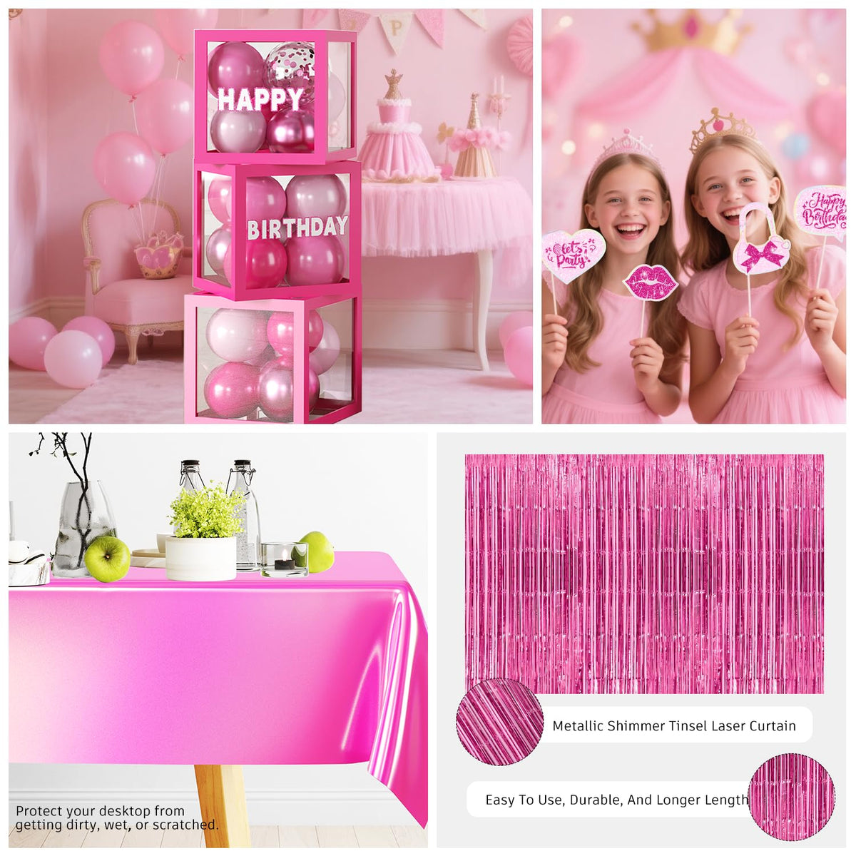Cocomigo fringe curtains frame the party space with shimmer