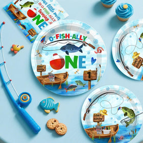 Cocomigo napkins forks and cups in blue Gone Fishing theme