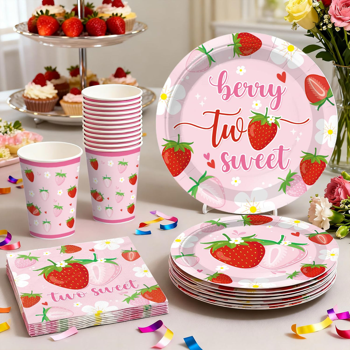 Cocomigo strawberry tablecloths protect surfaces while tying the theme together