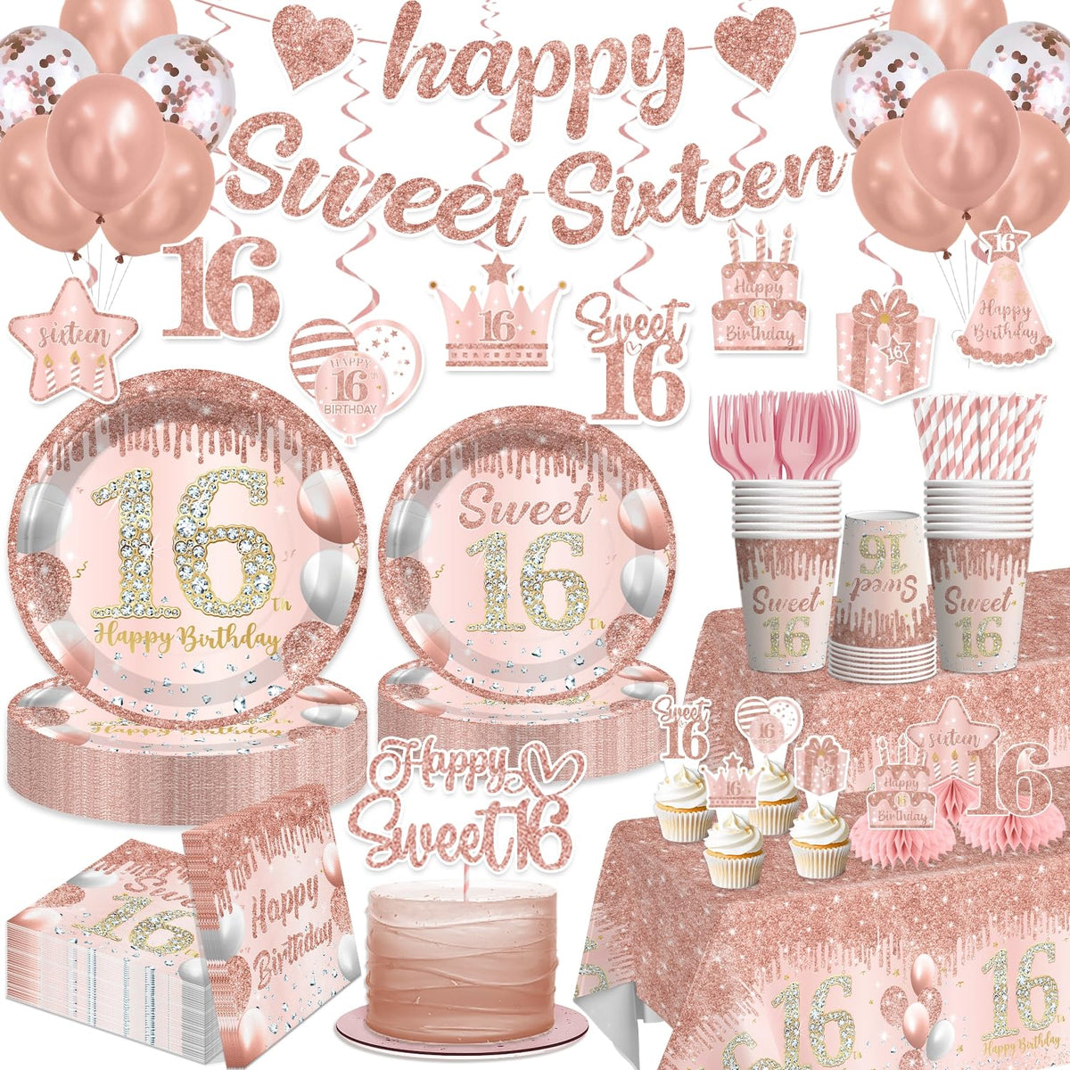 Cocomigo Sweet 16 banner in pink and gold for festive décor