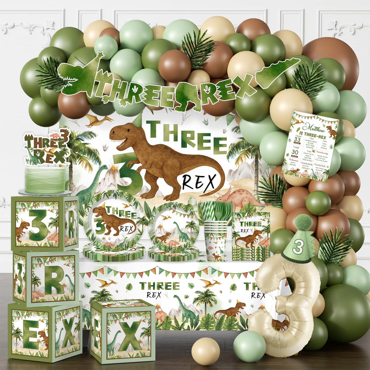 cocomigo three rex banner for bold dinosaur party photos.