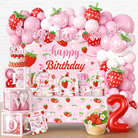 Cocomigo two-sweet strawberry balloon arch decor for a festive 2nd birthday