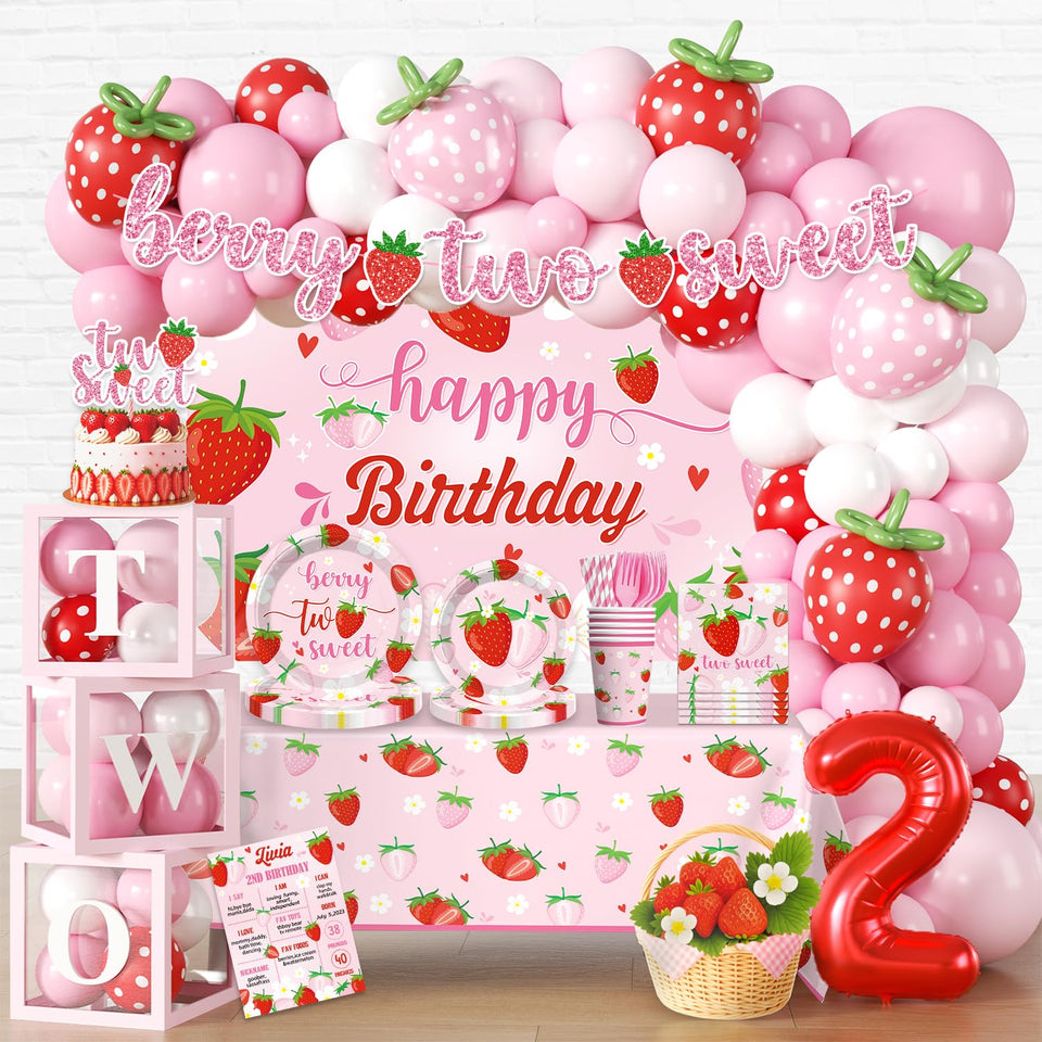 Cocomigo two-sweet strawberry balloon arch decor for a festive 2nd birthday