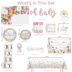 Cocomigo Wildflower baby shower cake topper marks the centerpiece of the dessert table.
