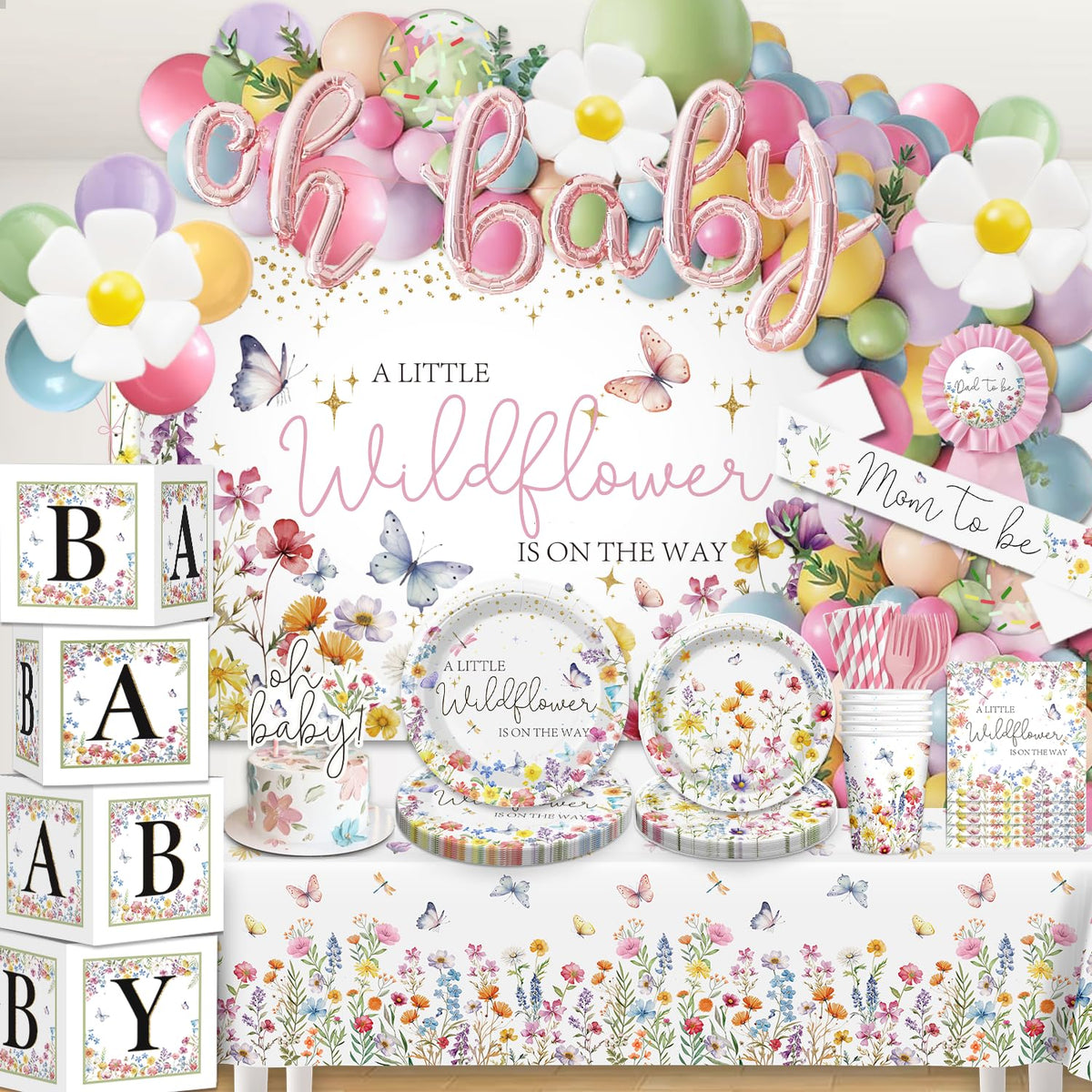 Cocomigo Wildflower Oh Baby foil balloon creates a focal moment at the party entrance.