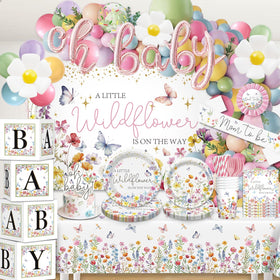 Cocomigo Wildflower Oh Baby foil balloon creates a focal moment at the party entrance.