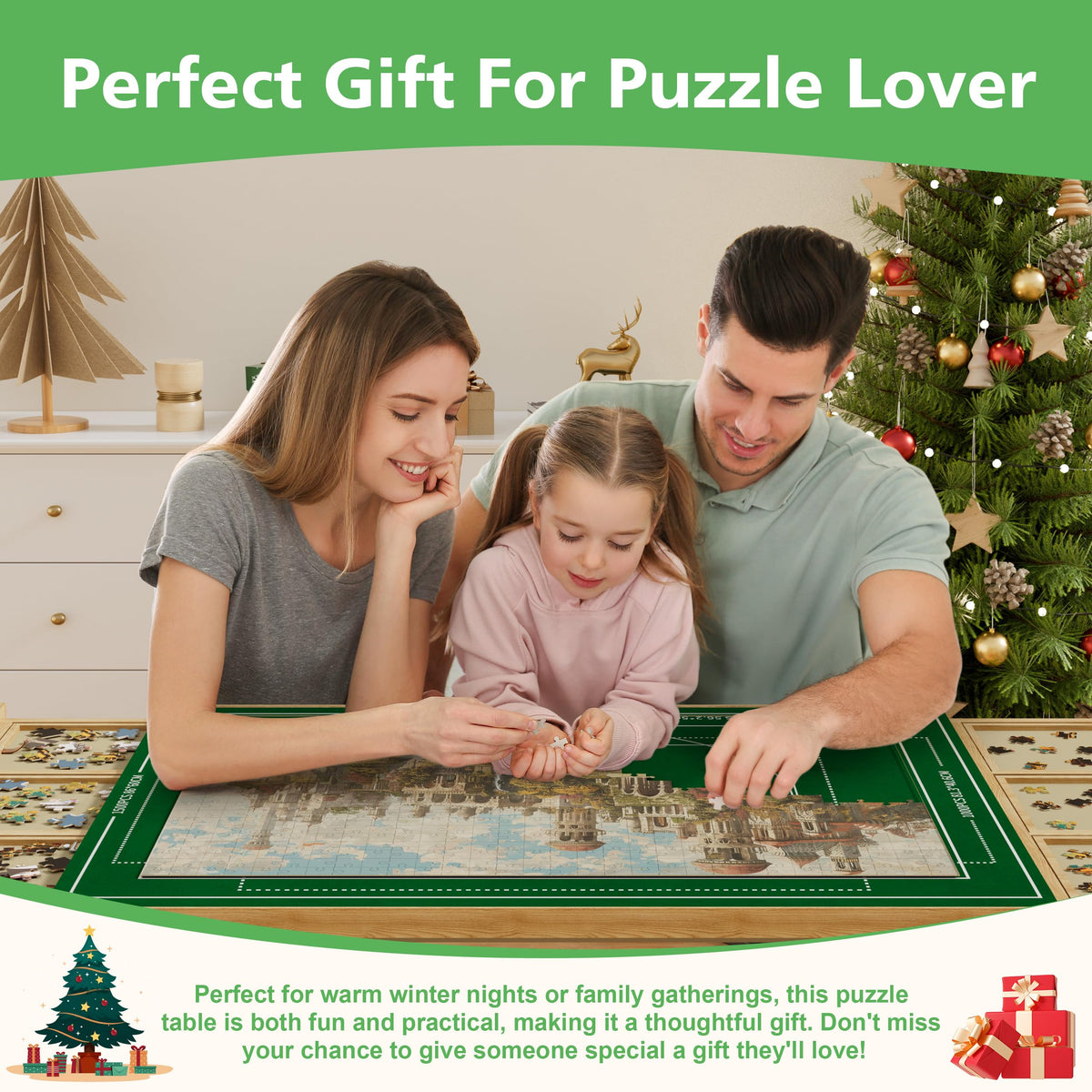Codace puzzle table with drawers beside sofa for casual puzzling.