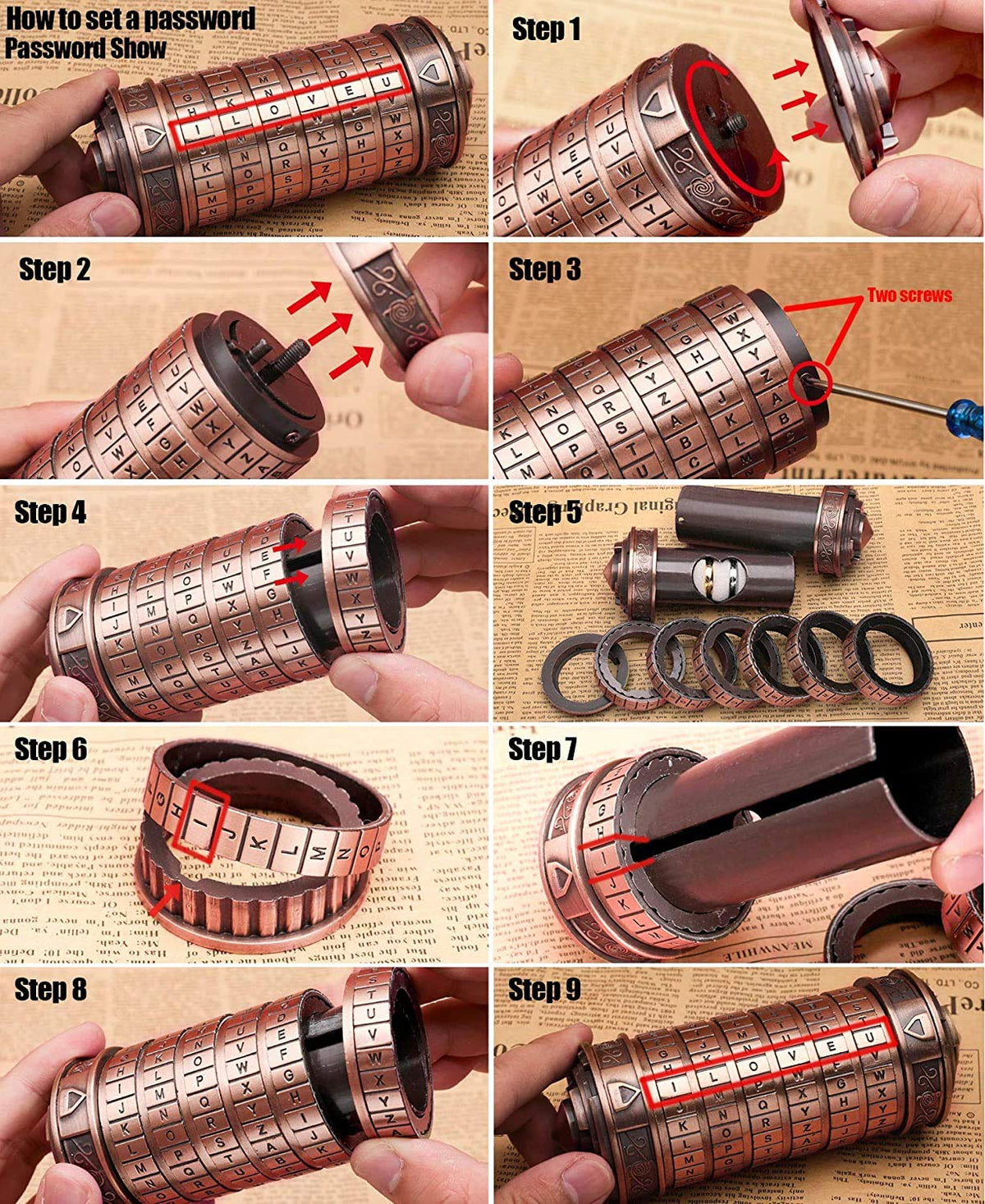 coejokno Cryptex Da Vinci Code password setup, customizable codes add personal mystery.