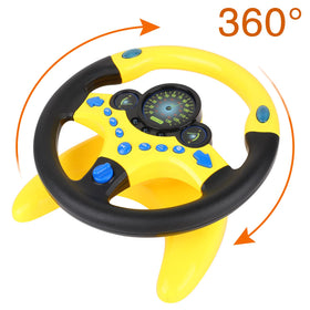 Coherny kid imagining a drive during playtime with this steering wheel toy.