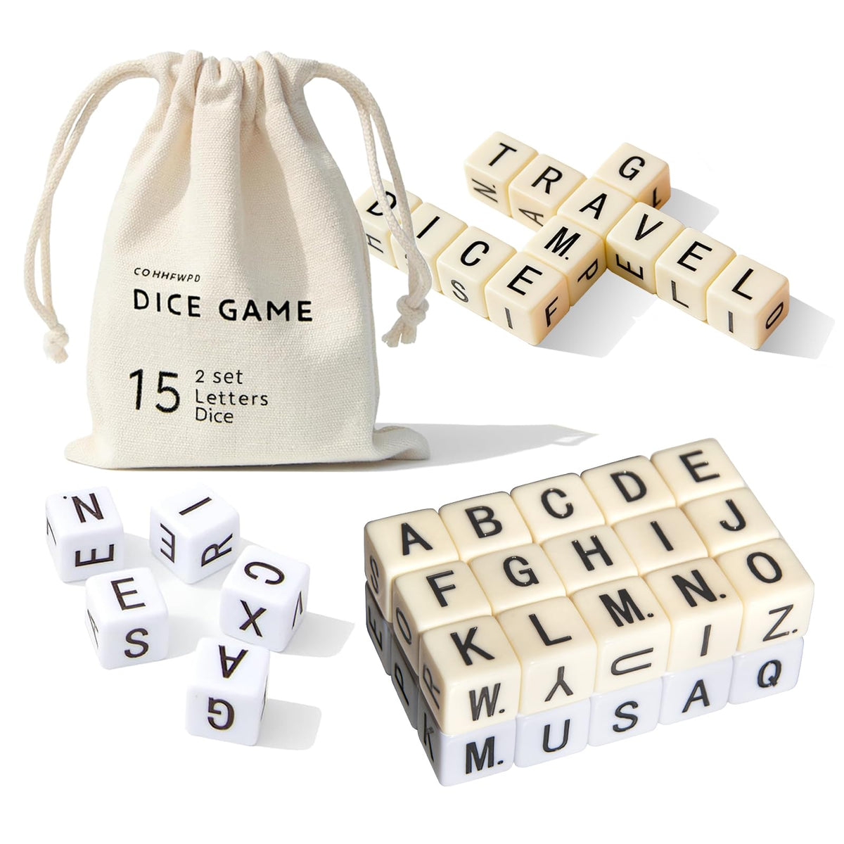 COHHFWPD full alphabet dice close-up showing clear letter faces and tactile feel
