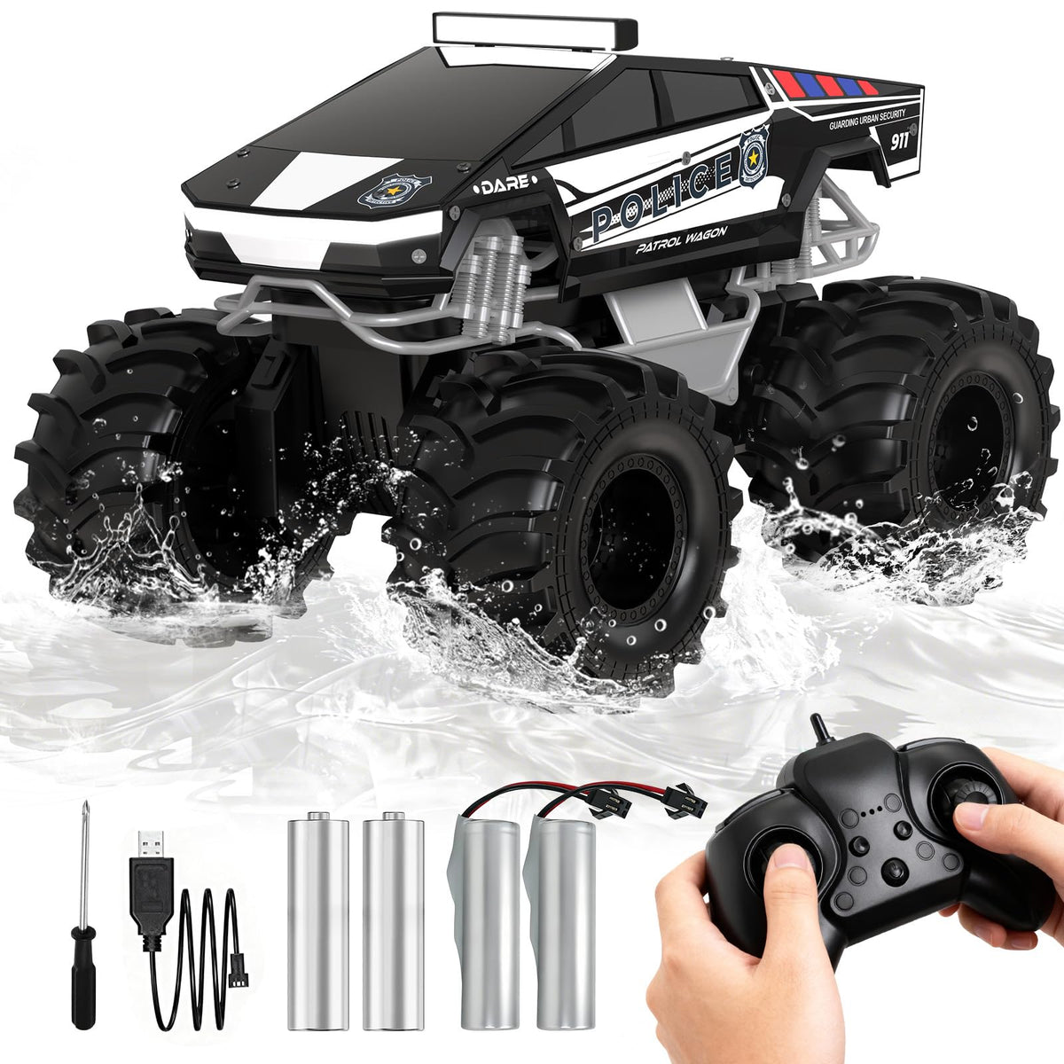 Cokzer Police RC Car front view with headlights for outdoor adventures.