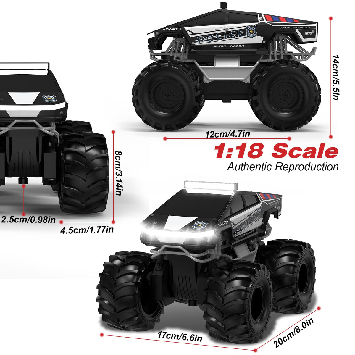 Cokzer Police RC Car rear view showing rugged tires for off-road play.