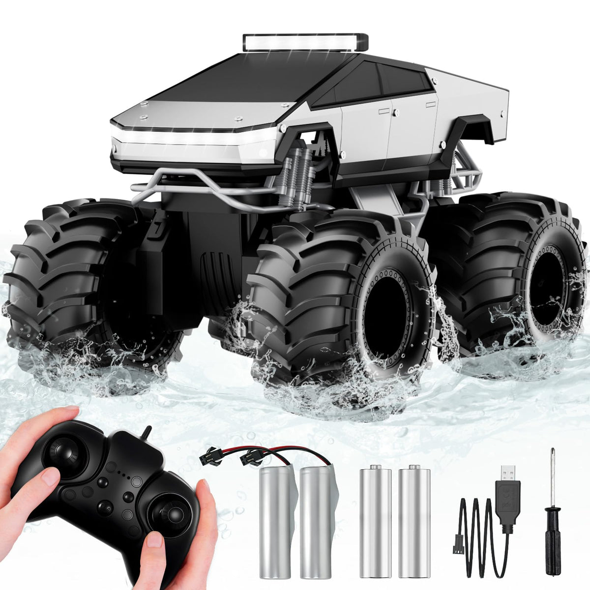 Cokzer amphibious RC car front view showing rugged all-terrain design for outdoor play