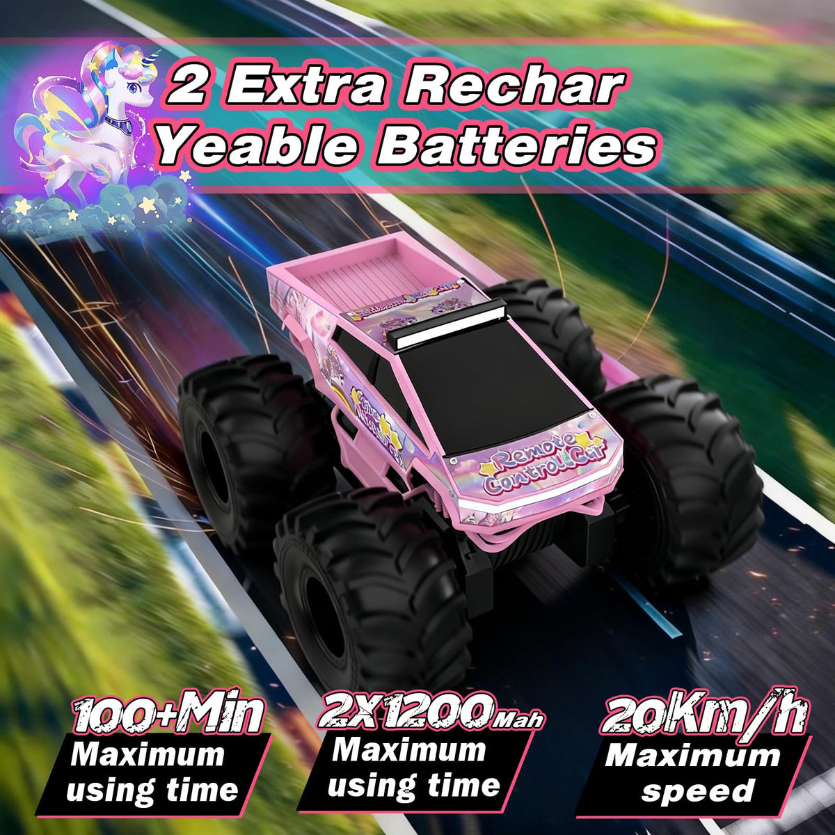 Cokzer Unicorn Cyber Truck RC car LED lights enhance night driving experience.