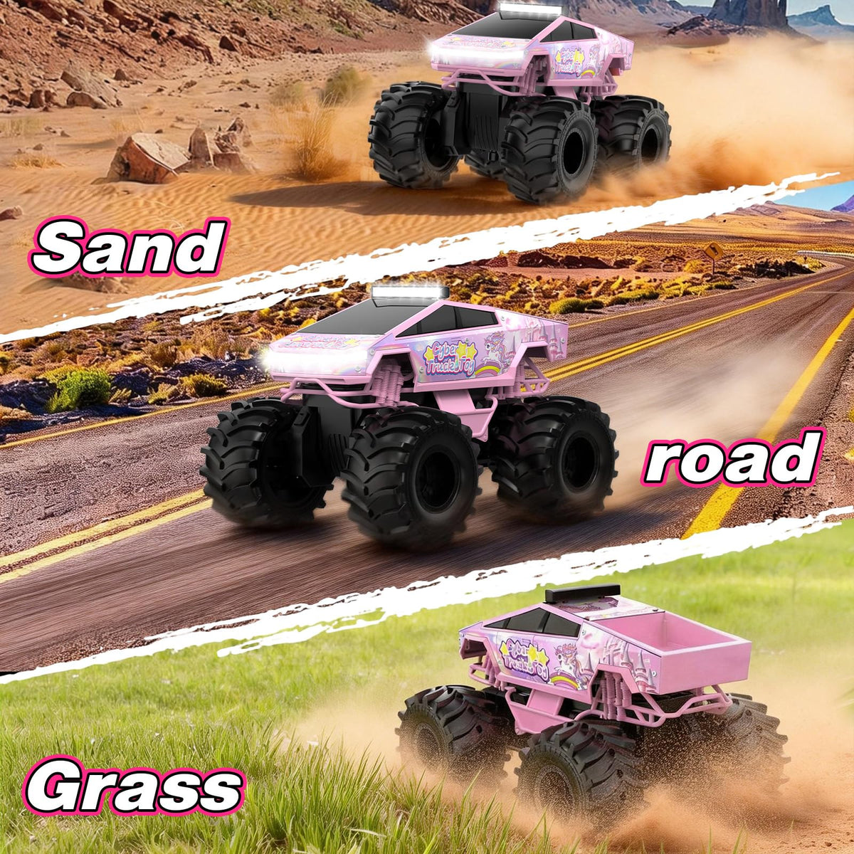 Cokzer Unicorn Cyber Truck RC car performing off-road action on rugged terrain.