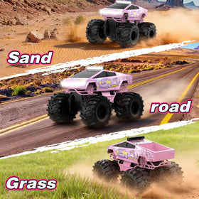 Cokzer Unicorn Cyber Truck RC car performing off-road action on rugged terrain.