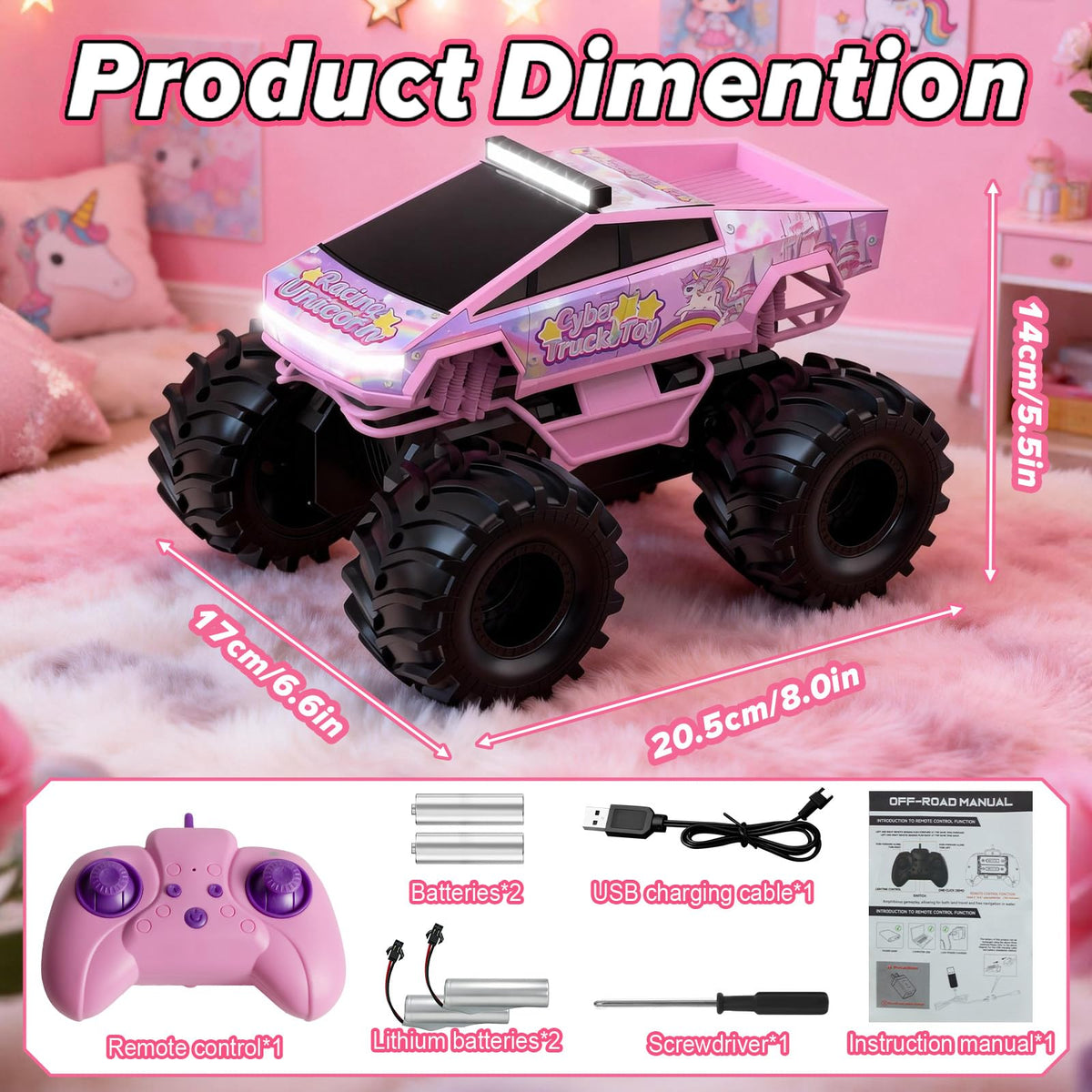 Cokzer Unicorn Cyber Truck RC car side view highlights 4WD stability on uneven surfaces.