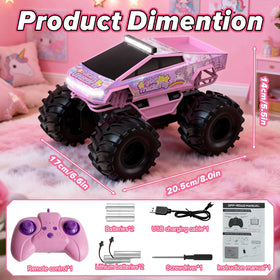Cokzer Unicorn Cyber Truck RC car side view highlights 4WD stability on uneven surfaces.