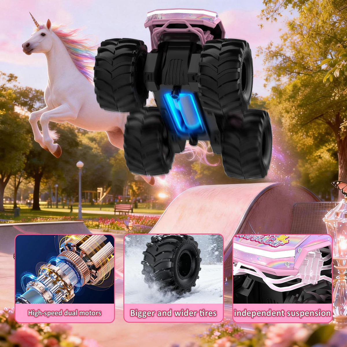 Cokzer Unicorn Cyber Truck RC car top view emphasizes compact layout for easy storage.