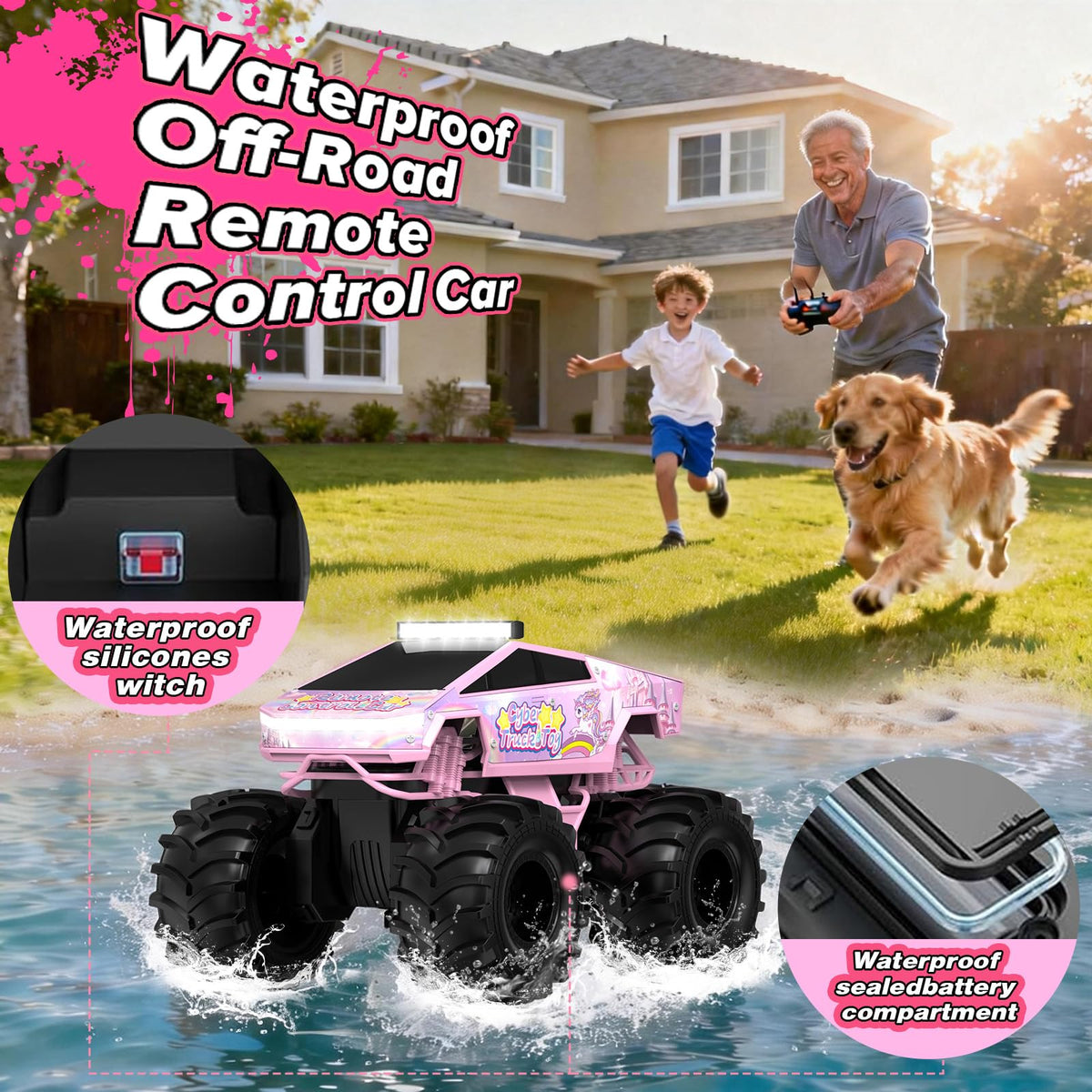 Cokzer Unicorn Cyber Truck RC car waterproof shell enables splash-friendly play.