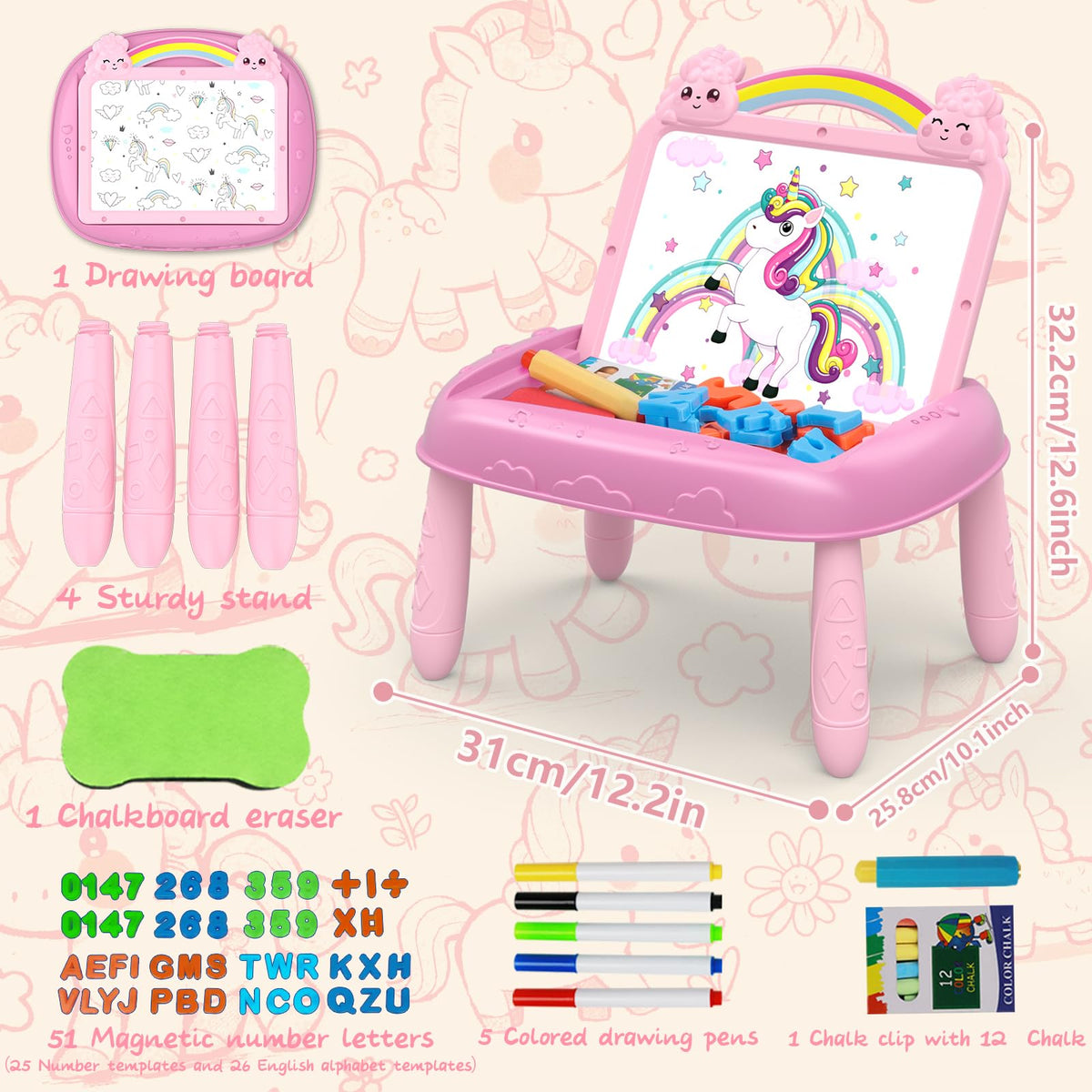 Cokzer Unicorn pink drawing board side view with portable handle for travel