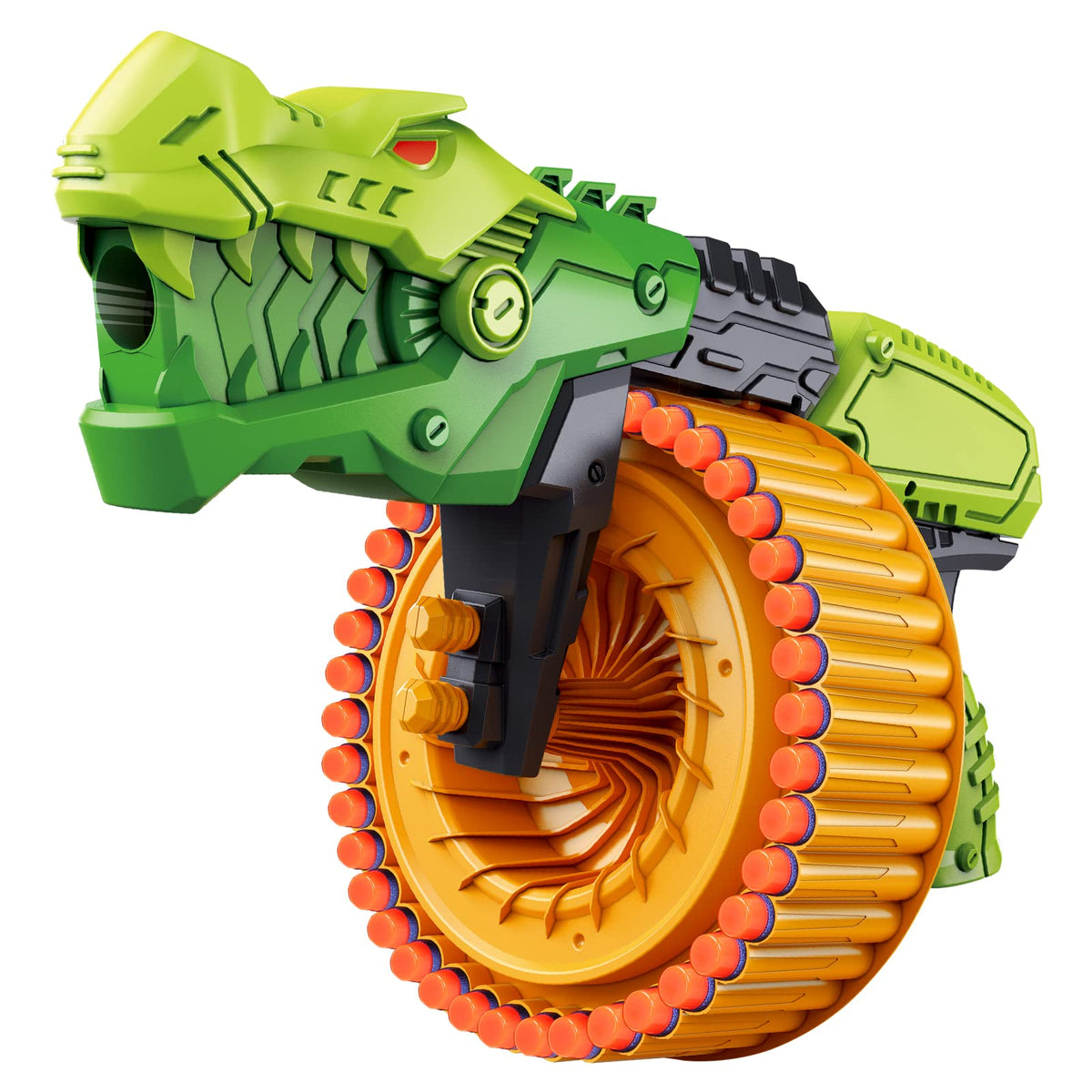 Coldfire dino foam blaster with 40-dart drum for indoor and outdoor action.