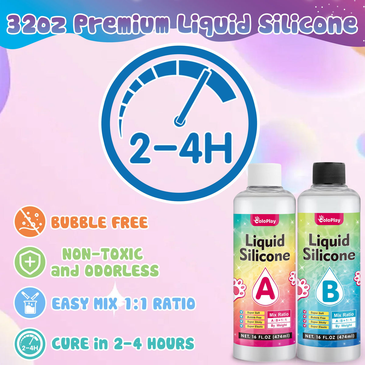 Bubble-free pouring demonstrated for faster, frustration-free squishy creation.