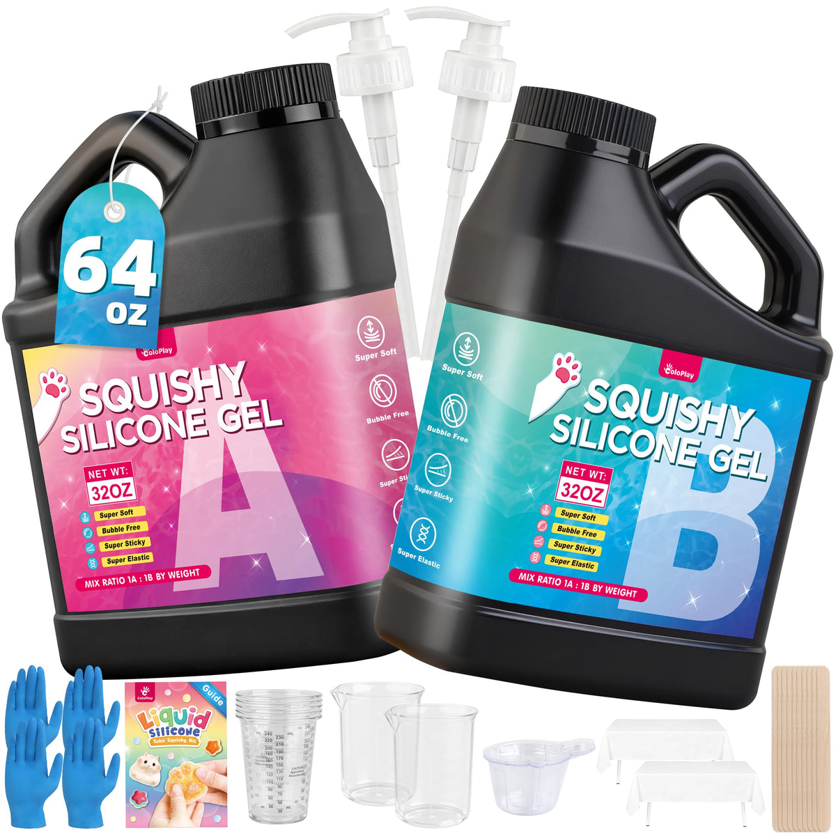 ColoPlay Taba Squishy Kit bottle pour showing easy mixing setup for quick projects