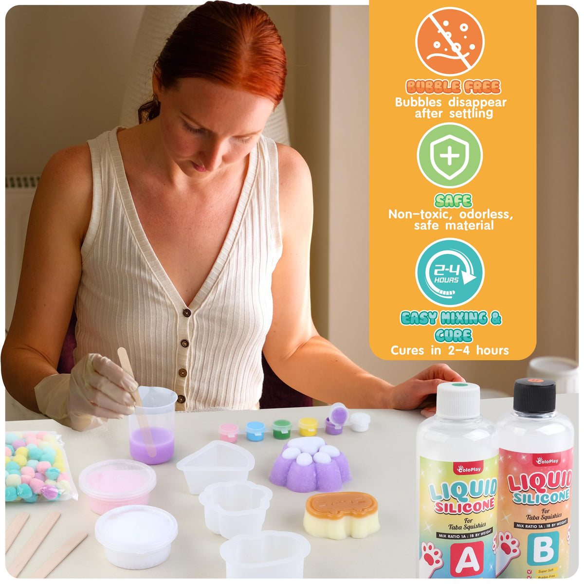 ColoPlay Taba Squishy Kit self-releasing bubbles during pour for quality outcomes
