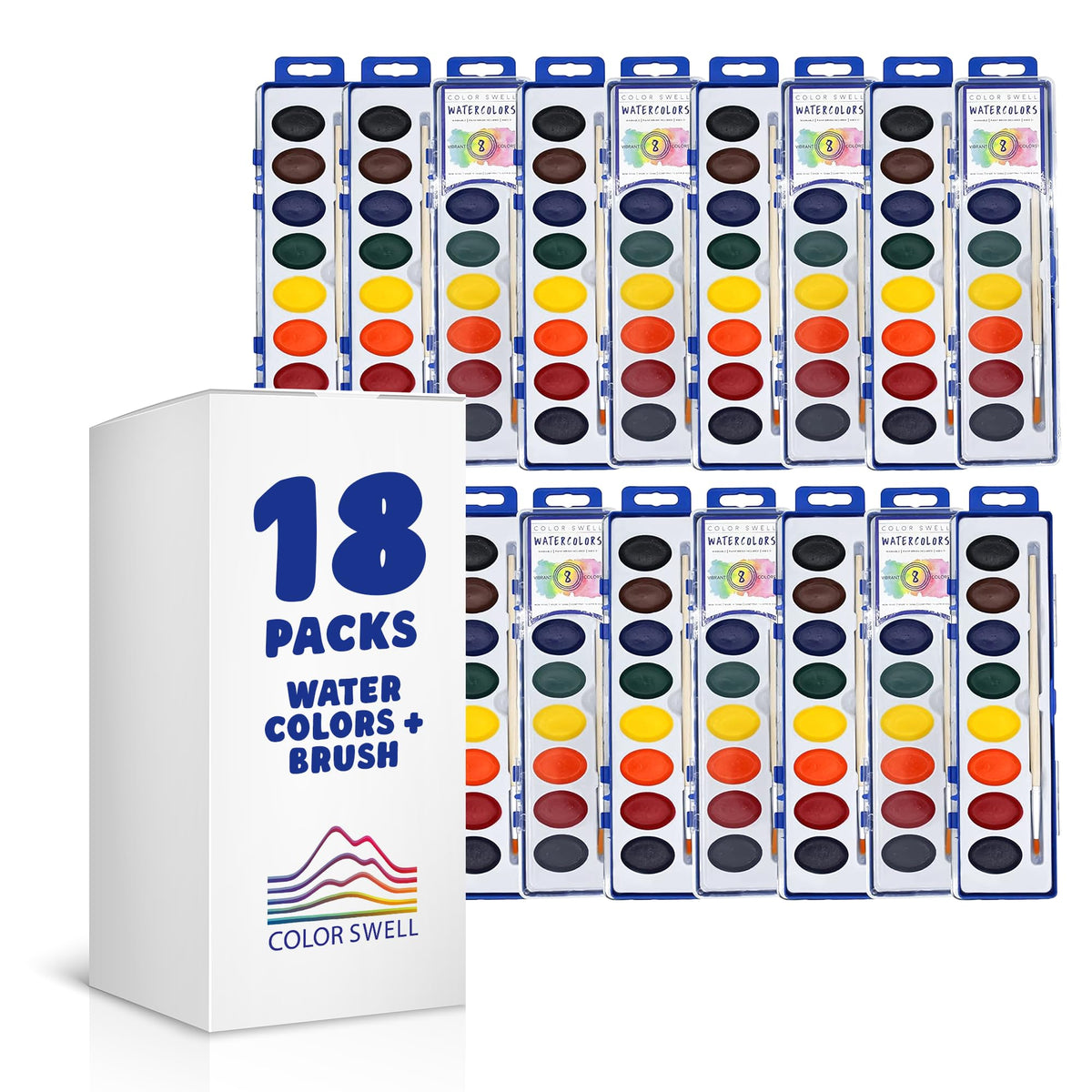 Color Swell washable watercolor set with 18 colors for classroom art projects.