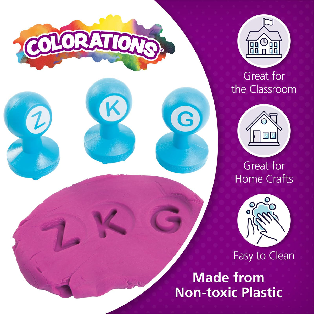 Colorations Alphabet Dough Stampers easy-grip handles support small hands during stamping.