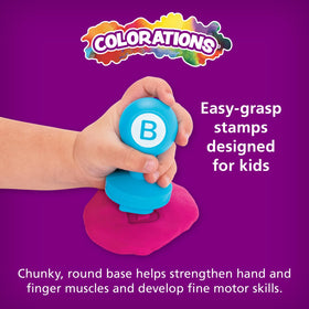 Colorations Alphabet Dough Stampers forming words and names in bright dough.