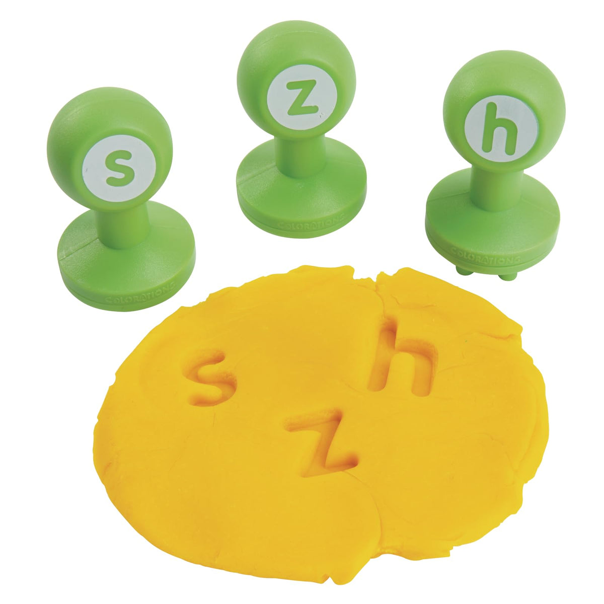 Colorations classroom-ready dough stamps support engaging literacy activities.