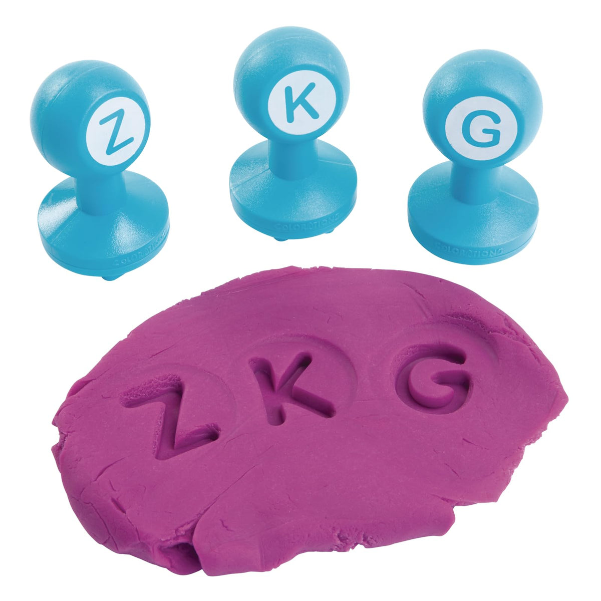 Colorations Alphabet Dough Stampers create colorful dough imprints for learning.