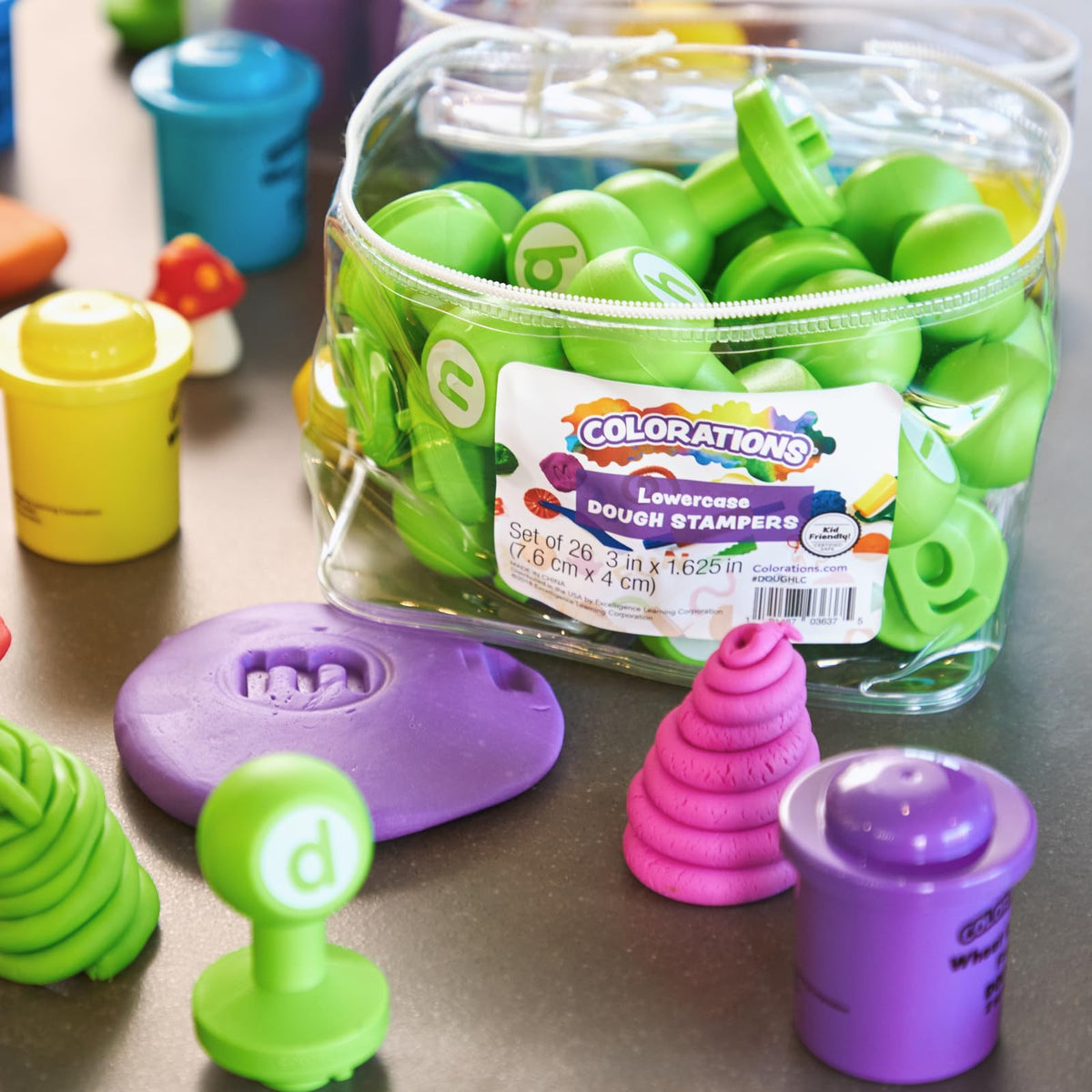 Colorations easy-cleanup dough stamps wipe clean after messy play.