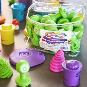 Colorations easy-cleanup dough stamps wipe clean after messy play.