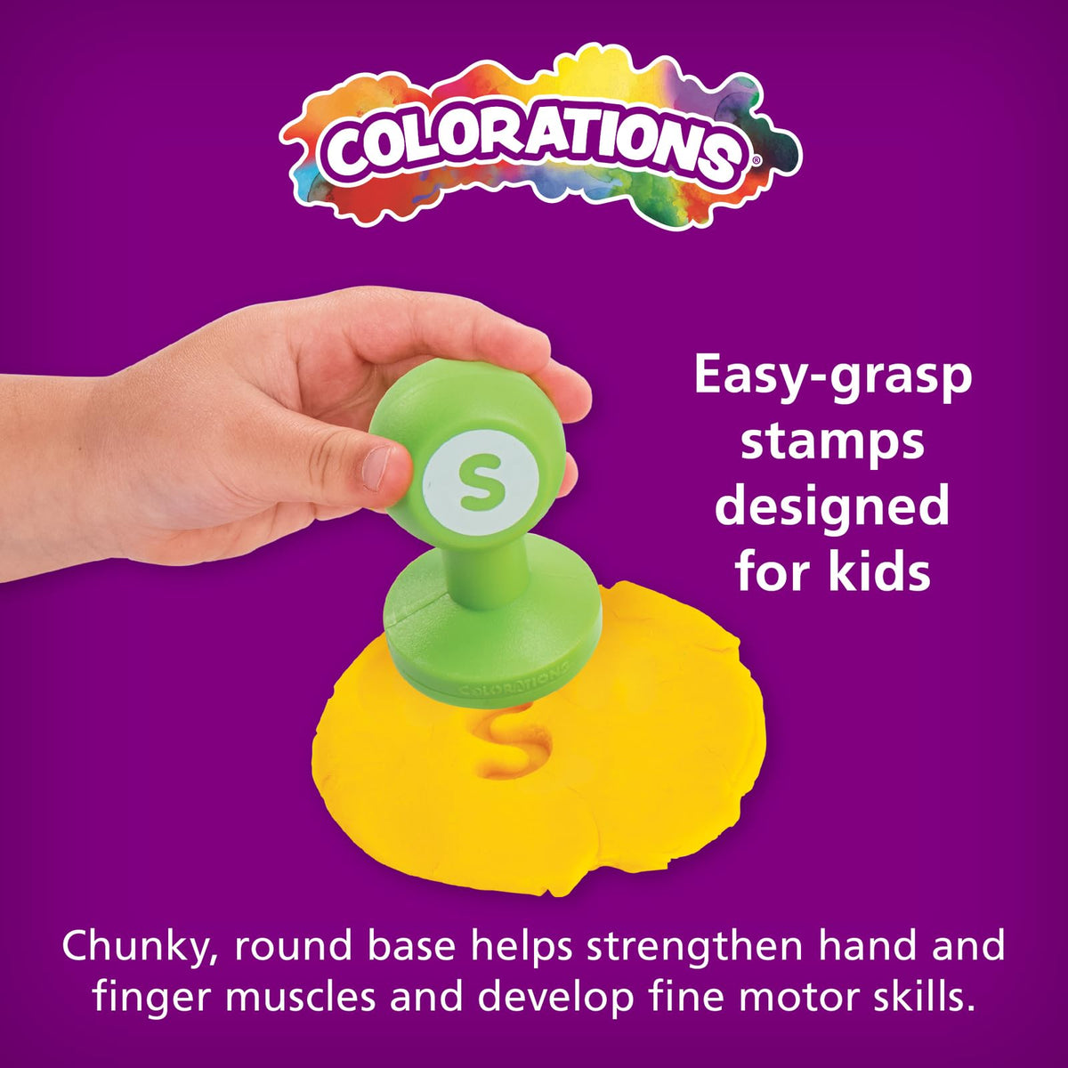 Colorations stampers in a hands-on learning setup for tactile letter exploration.