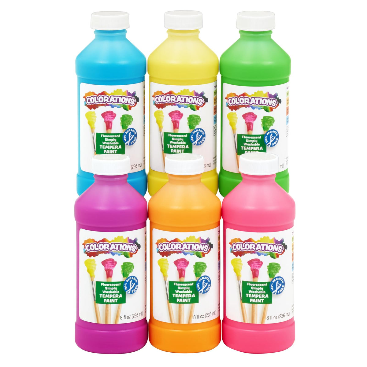 Colorations neon blue tempera bottle for bold classroom artwork.