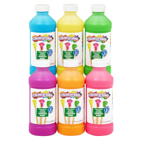 Colorations neon blue tempera bottle for bold classroom artwork.