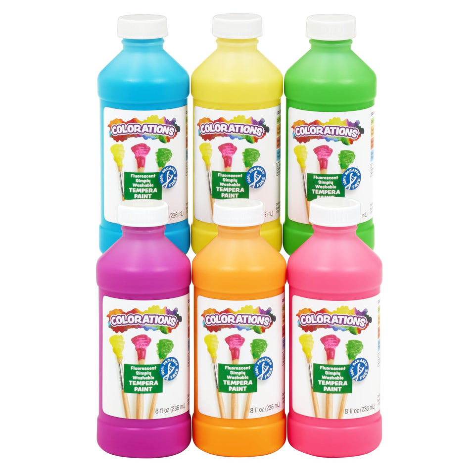 Colorations neon blue tempera bottle for bold classroom artwork.