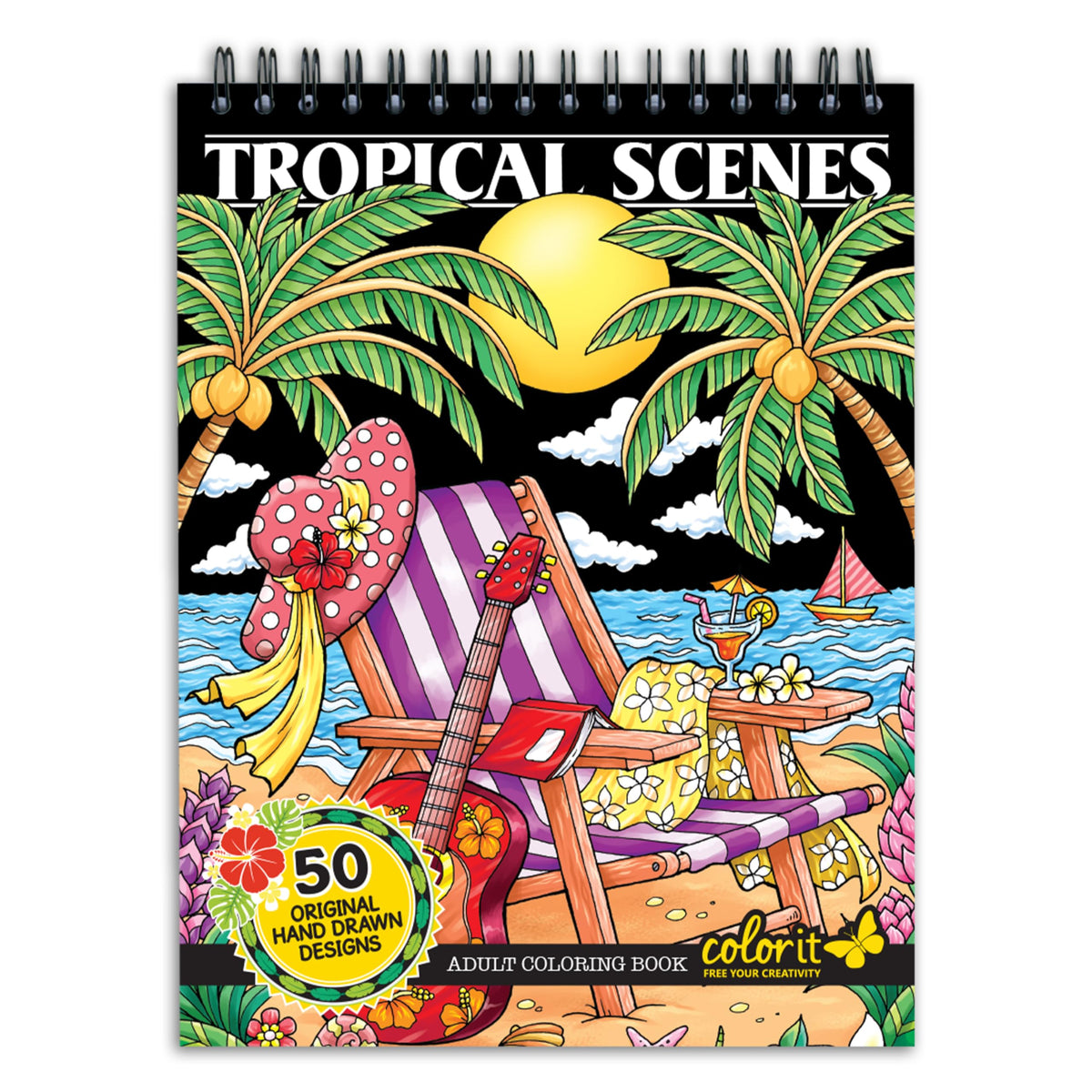 ColorIt tropical beach scene illustration for relaxing, mindful coloring sessions.