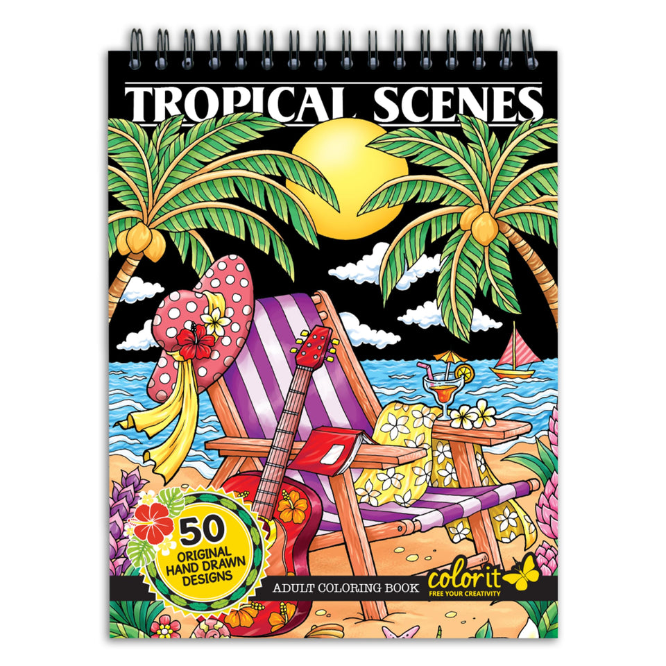 ColorIt tropical beach scene illustration for relaxing, mindful coloring sessions.