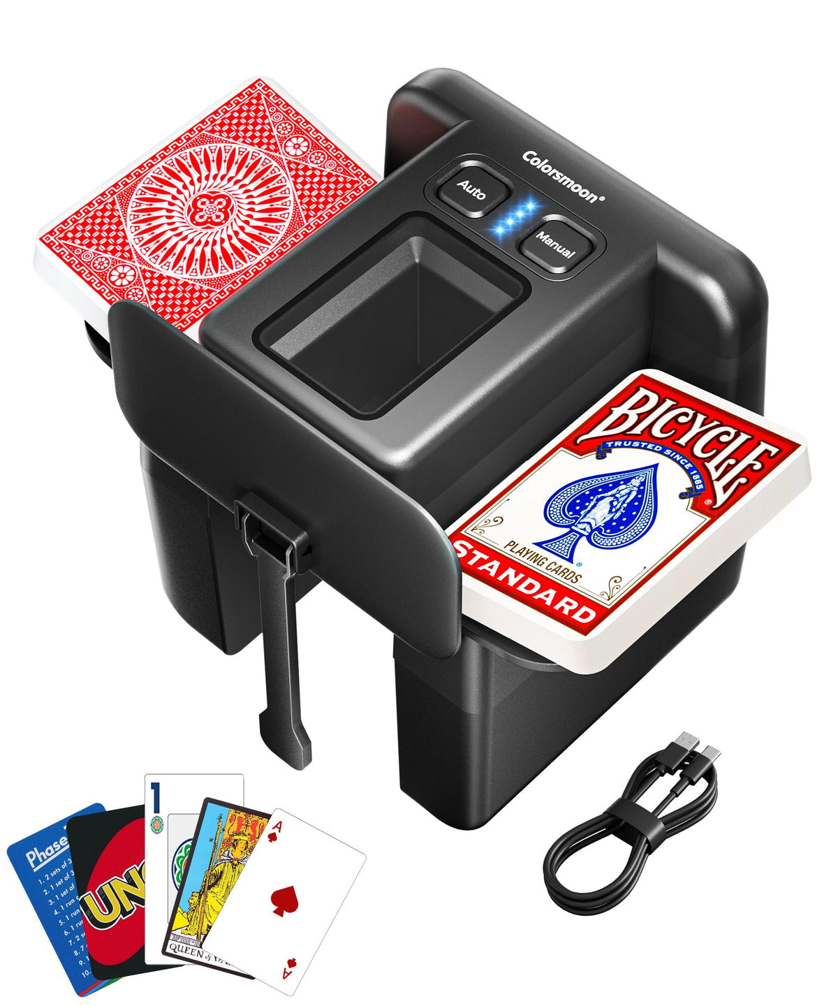 Colorsmoon Automatic Card Shuffler front view, compact design for quick setup.