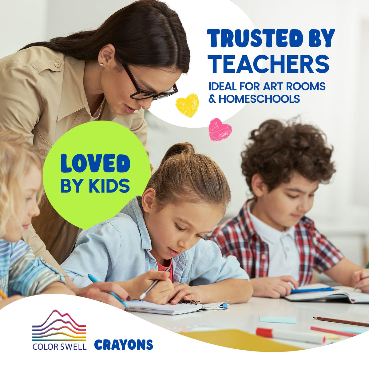 Color Swell durable crayon boxes arranged for easy storage and organization