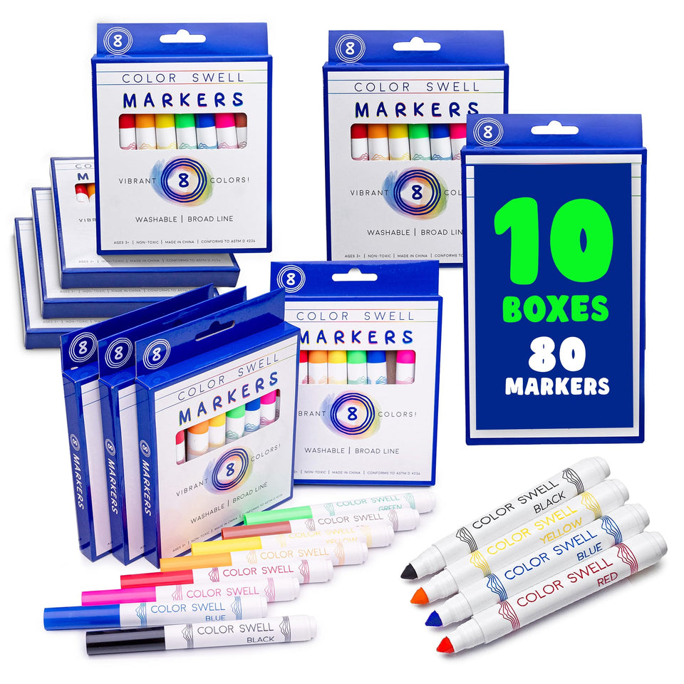 Color Swell washables: bulk markers in 10 boxed sets for classrooms and groups.