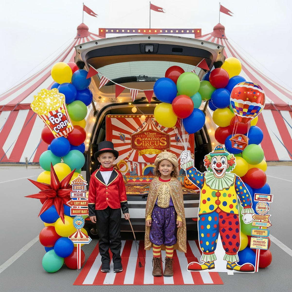 ColorToyz red-and-white striped banner enhances classic carnival ambiance.