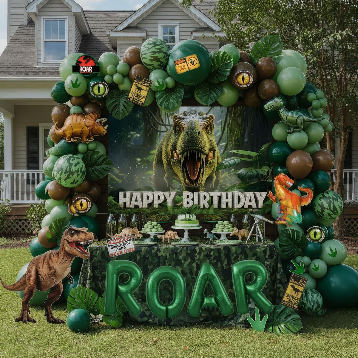 ColorToyz dinosaur arch balloons showcase hunter green and brown palette for playful party vibes