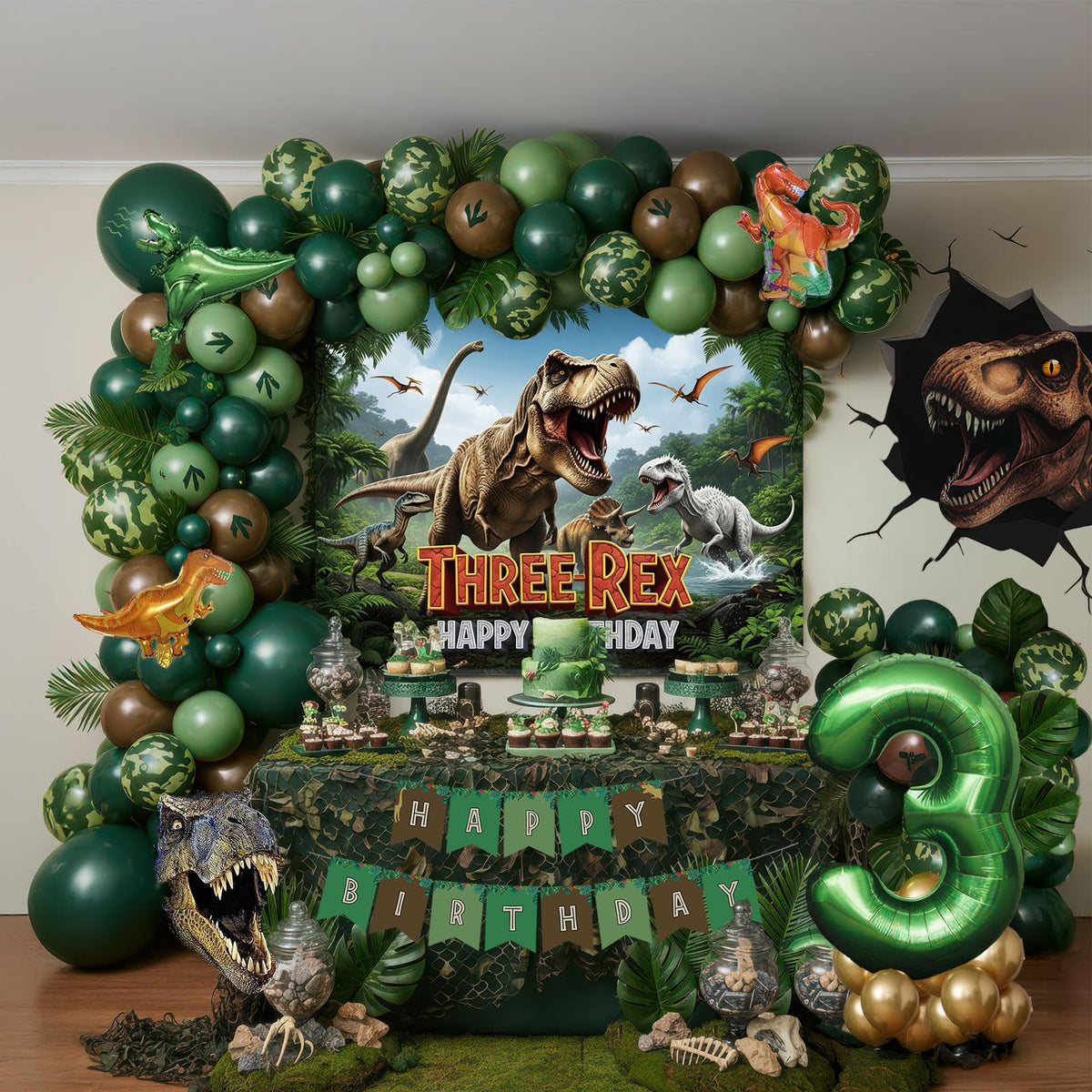 ColorToyz T-Rex birthday arch boosts jungle safari party ambiance.