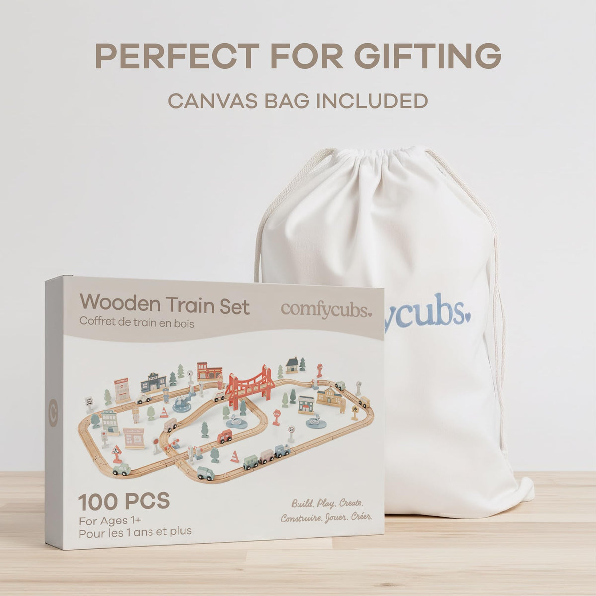Comfy Cubs natural wood materials keep play safe with smooth finishes.