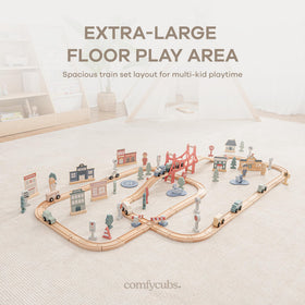Comfy Cubs wooden bridges and town elements create evolving play scenery.